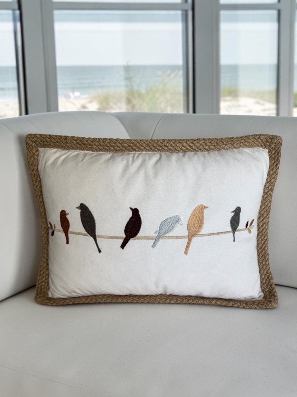 DOMAIN Cotton Jute Embroidered Bird Accent Pillow Duck Feather Insert 14x21